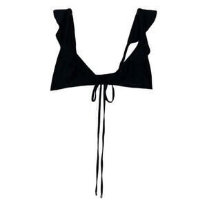 nwot OSSIRA Bikini Top L Black Ruffle Front-Tie-Bow Adjust-Strap Stretch SoftCup